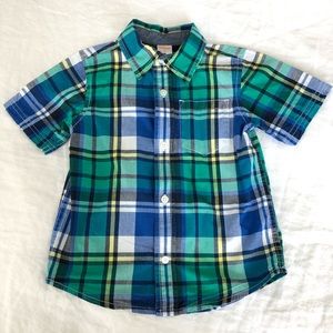 Gymboree Short Sleeve Button Down Green and Navy Blue Plaid Shirt Size 3T